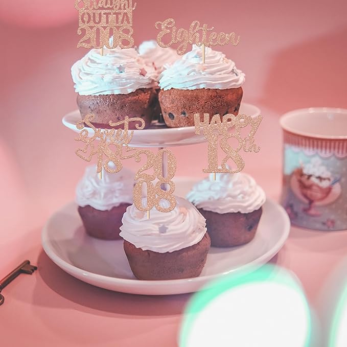 30PCS 18th Birthday Cupcake Toppers Glitter Eighteen Happy 18th Straight Outta 2008 Cupcake Picks for Cheers to 18 Years Birthday Wedding Anniversary Party Decoration Supplies Rose Gold