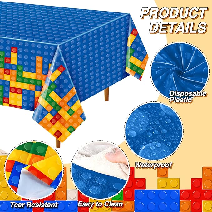 Oudain 4 Pcs Building Block Tablecloths Colorful Building Blocks Birthday Party Decorations 54 x 108 Inch Disposable Plastic Brick Table Cover Waterproof Brick Themed Party Supplies (Yellow,Blue)