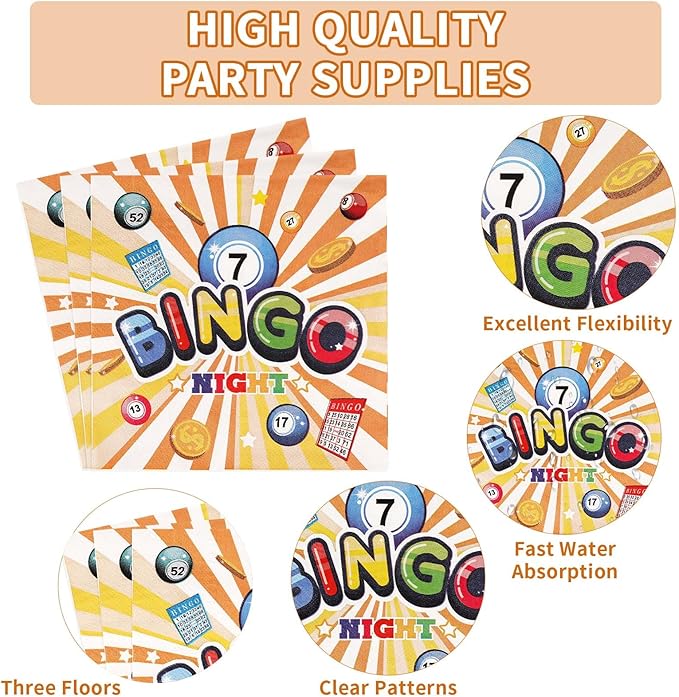 96Pcs Bingo Party Supplies Colorful Bingo Night Plates and Napkins Disposable Tableware Sets Bin-go Theme Birthday Decorations Favors for Adults Boys Girls Family Game Night Decorations Serves 24
