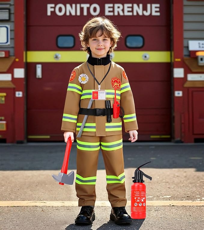 LOYO Firefighter Costume for Kids - Fireman Halloween Costumes for Toddler Boy, Halloween Dress Up for Kids 3-12 Pretend Play