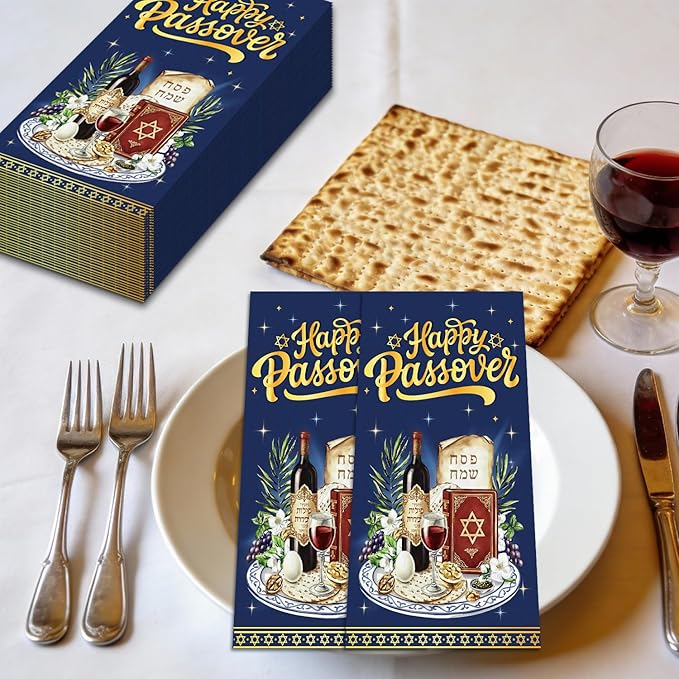 100Pcs Happy Passover Napkins - Passover Party Decorations Jewish Festival Theme Supplies Disposable Luncheon Dinner Napkins 7.8" x4.3" for Home Office Kitchen Table Decor
