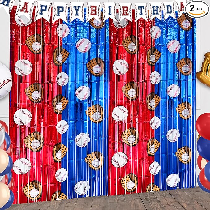2 Pack Baseball Tinsel Foil Fringe Curtains Backdrop Party Decorations, Blue and White Red Door Streamers Banner Sports Themed Birthday Party Decor Supplies for Boys Favor