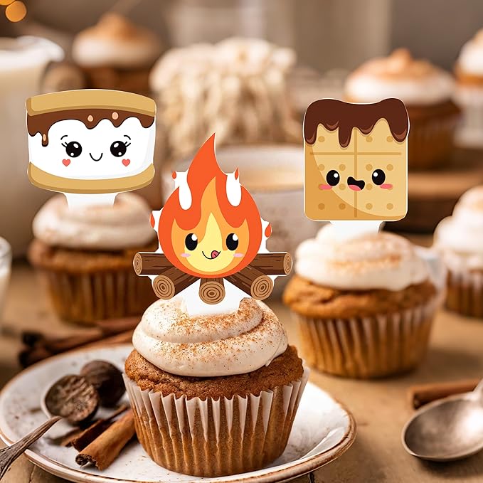 S'more Party Cupcake Toppers 48pcs S'more Birthday Party Decoration Bonfire Camping Cake Cupcake Pick Decorations for S'more Themed Camping Campfire Camper Birthday Party Supplies