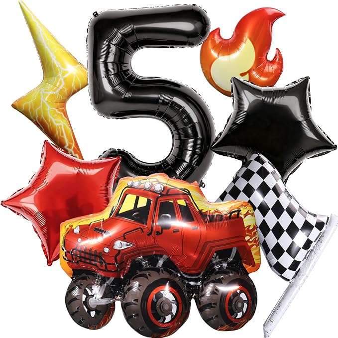 Truck Number 5 Balloons, Huge Truck Flags Lightning Flame Stars Aluminum Foil Balloons for 5th Birthday, Race Car Theme Party Decorations Supplies