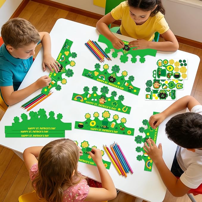 Hedeey 24 Pack St. Patrick's Day Crown Crafts Shamrock Paper Clover Crown Hat with Stickers forIrish St Patricks Holiday Craft Activity Party Favors Supplies