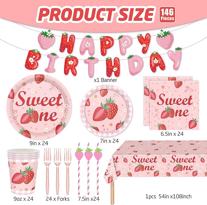 146Pcs Strawberry Plates and Napkins strawberry Party Supplies Includes Plates, Napkin, Fork, Cup, Straw, Tablecloth, Banner for Baby Shower Birthday Party Decorations, Serves 24 (Strawberry)