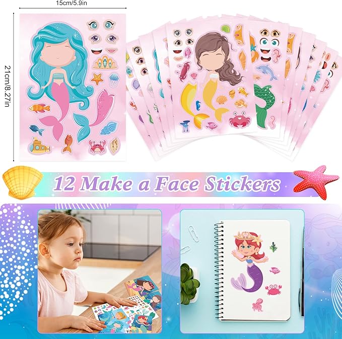 Mermaid Party Favors, 12 Pack Mermaid Birthday Party Supplies - Goodie Bags, Stickers, Scratch Art, Rings, Slap Bracelets, Keychains, Grow Animals for Party Decorations, Pinata Stuffers