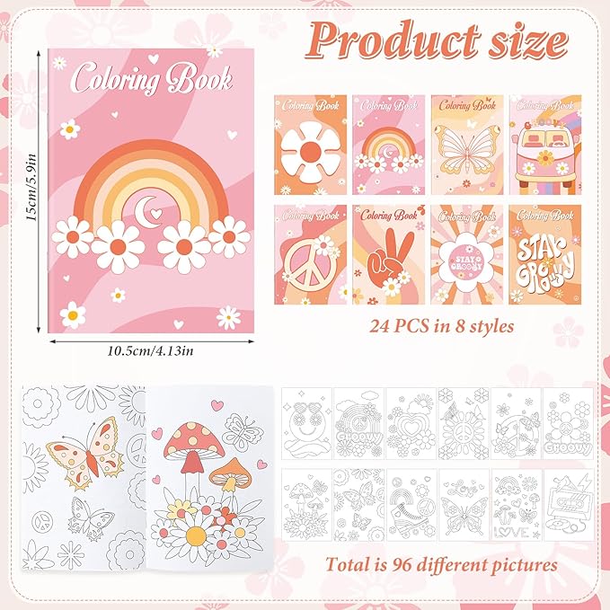 Honoson 24 Pcs Hippie Boho Coloring Books Kids Stay Groovy Drawing Book Peace Sign Mini Coloring Books Daisy Rainbow Hippie Bus Activity Book for Retro Boho Two Groovy Birthday Party Supplies Favors