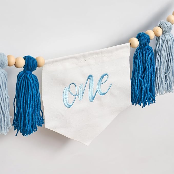 Blue One Tassel High Chair Banner - First Birthday Party Decoration Supplies Garland, Blue Ocean Waves Theme High Chair Tassel Banner, One Sign Birthday Party Backdrop Decoration