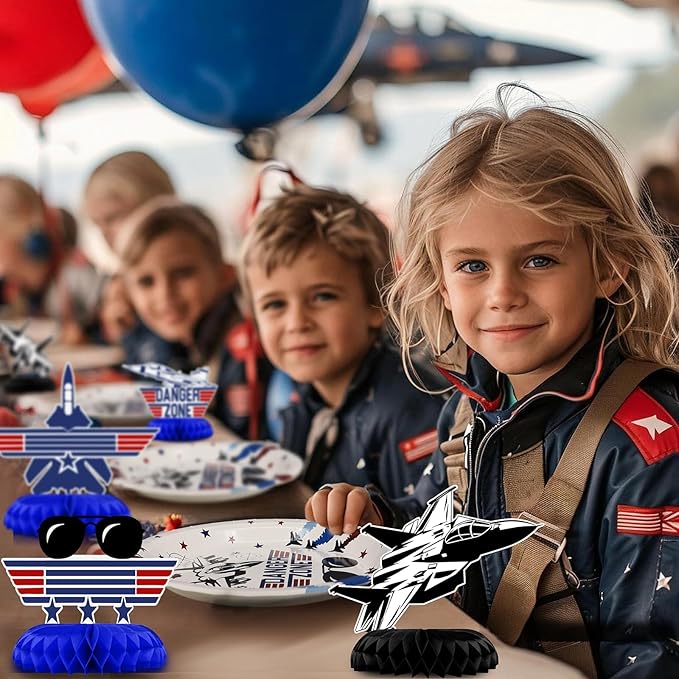 Fighter Pilot Party Honeycomb Centerpieces, 9 Pack Jet Airplane Table Decorations with Danger Zone Signs Airshow Trails Pilot Glasses, Military Jet Birthday Party Supplies for Kids Boys