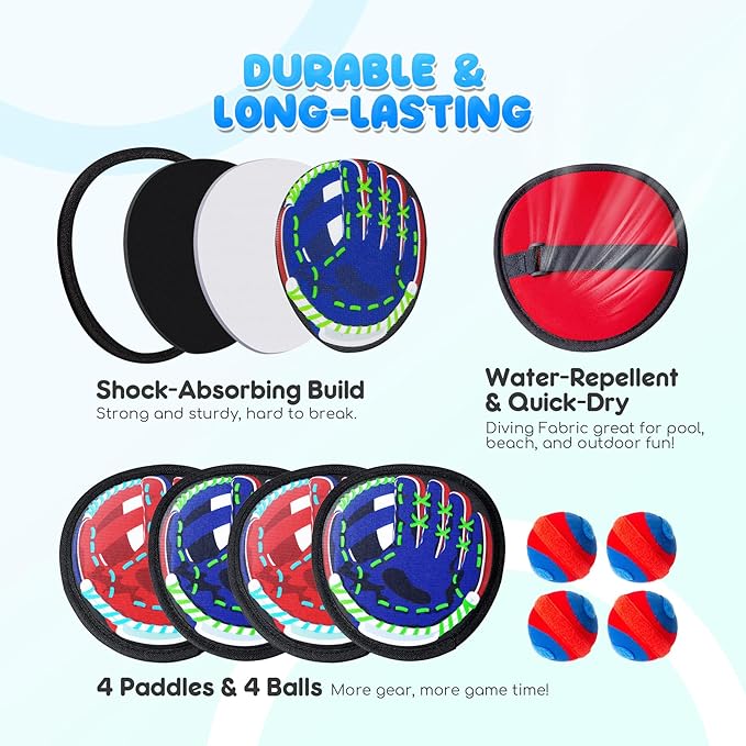 Playzap Toss and Catch Ball Set - Baseball Glove Toy Indoor Outdoor Yard Game & Beach/Pool/Sand Toy Set 2 Pack or 4 Pack - Easter Basket Stuffers for Toddlers Kids Youth Boys Girls 2-4 5-7 8-13+ Yrs