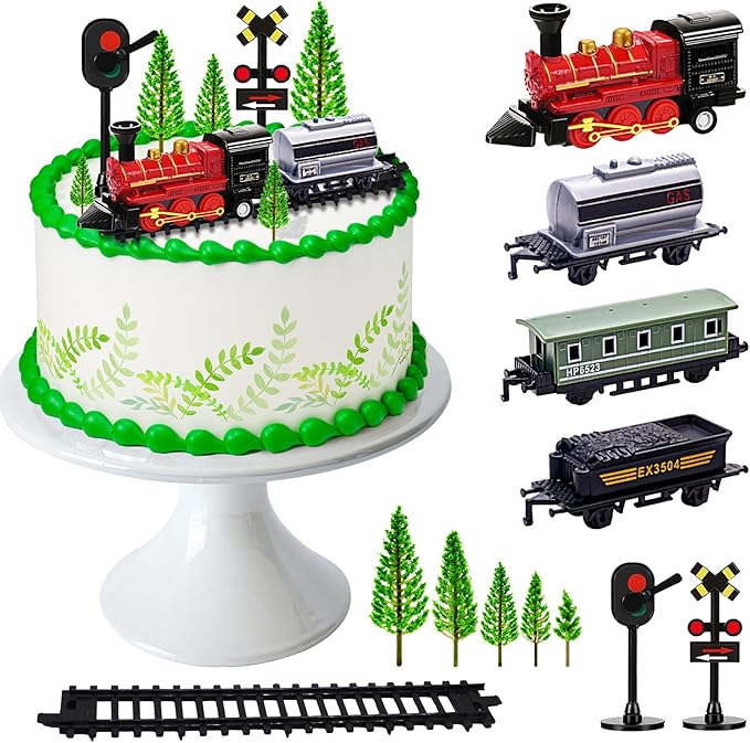 MEMOVAN Train Cake Toppers 13pcs Train Cake Decorations Mini Trains Toy Traffic Track Railway Lights Cake Topper Decorations for Boy's Kids Steam Trains Theme Birthday Party Supplies