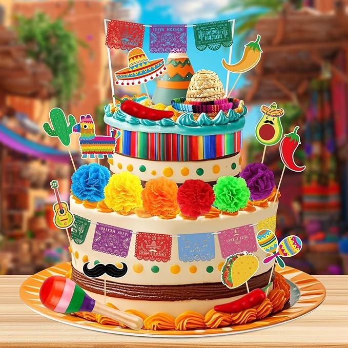 Hooqict 33Pcs Fiesta Cake Decorations Set with Mini Papel Picado Banner, Serape Ribbon, Cactus, Taco and Flower Mexican Cake Toppers & Cupcake Toppers for Cinco de Mayo Mexican Theme Party Decorations