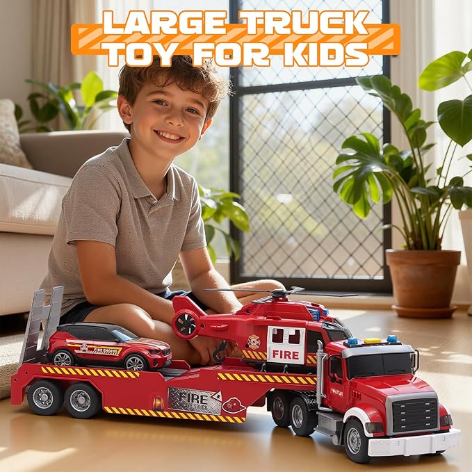 21" Large Semi Fire Truck with Helicopter & Racing Car,Fire Toys Car for Kids Toddlers 3 4 5 6 7, Friction Powered Vehicle with Lights & Sounds,Christmas Birthday Gift for Boys Girls
