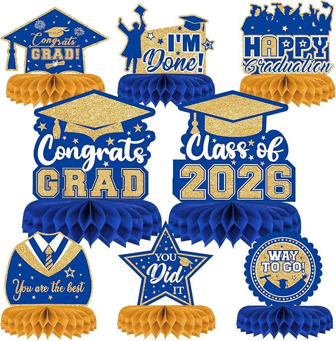 8 Pieces Class of 2026 Graduation Table Decorations - 2026 Congrats Grad Honeycomb Centerpieces, Graduation Table Toppers Decor for 2026 Graduation Party Decorations Favor Supplies, Blue and Gold