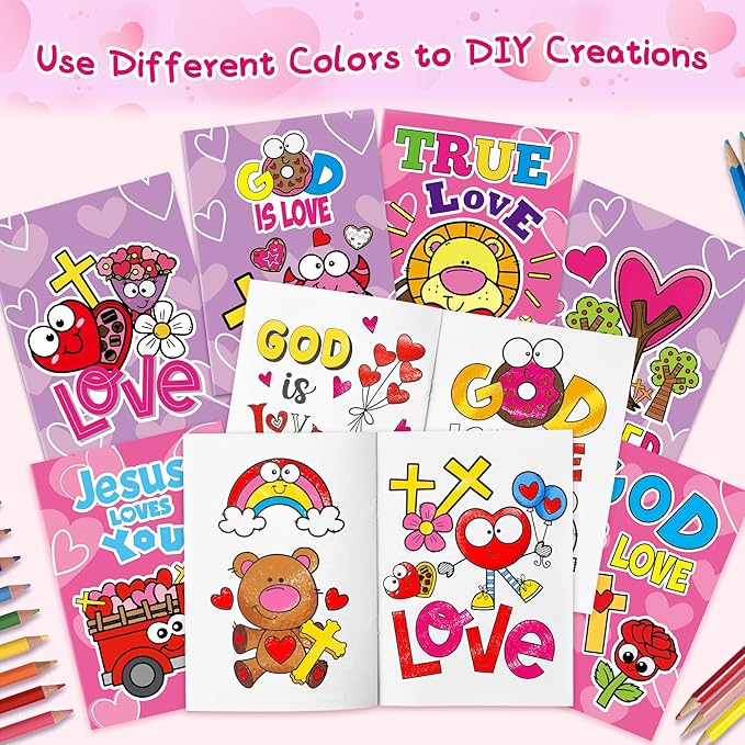 Valentine’s Day Coloring Books for Kids - 24Pcs Bulk Christian Theme Mini Coloring Booklet DIY Art Drawing Book for Toddlers Valentine Birthday Party Goodie Bags Stuffers Sunday School Classroom Favor