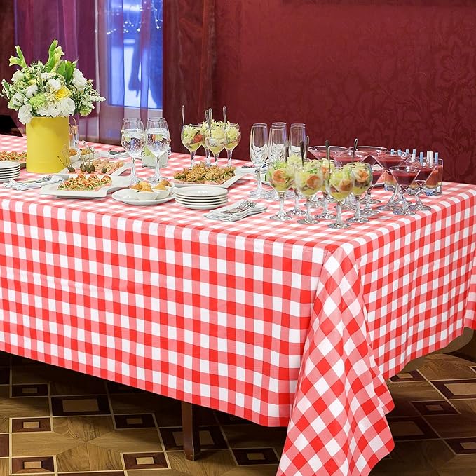 Kochorie 54 Inch x 300 Ft Red Checkered Plastic Table Cloth Roll Disposable Waterproof Table Cover with Easy Slide Cutter for Outdoor Picnic/Home Dining/Spring Party