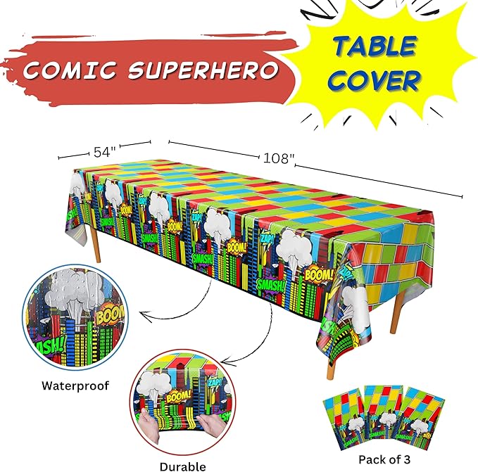 Blue Orchards Comic Superhero Table Covers (Pack of 3) 108"x54" XL - Superhero Table Cloth for Parties, Superhero Party Decoration, Plates and Napkin, Super Hero Brithday Party Supplies