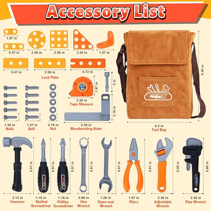 Kids Tool Set,MAGIC4U Toddler Tool Set with Tool Bag,11 Tools Equipements,Pretend Play Construction Kits for Kids Age 3-6 Years Old,Toddler Boy Toys