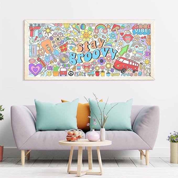 Dvbonike Jumbo Stay Groovy Coloring Poster Retro Hippie Boho Patterns DIY Drawing Color-in Paper Blank Doodle Art Banner 55.1 x 23.6 Inch Decor, School Group Activities for Kids Party Suppiles