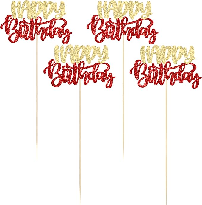 Gyufise 12Pcs Happy Birthday Centerpieces Sticks Double Sided Glitter Birthday Party Decorations Anniversary Table Flower Centerpiece for Celebrating Party Supplies Gold Red