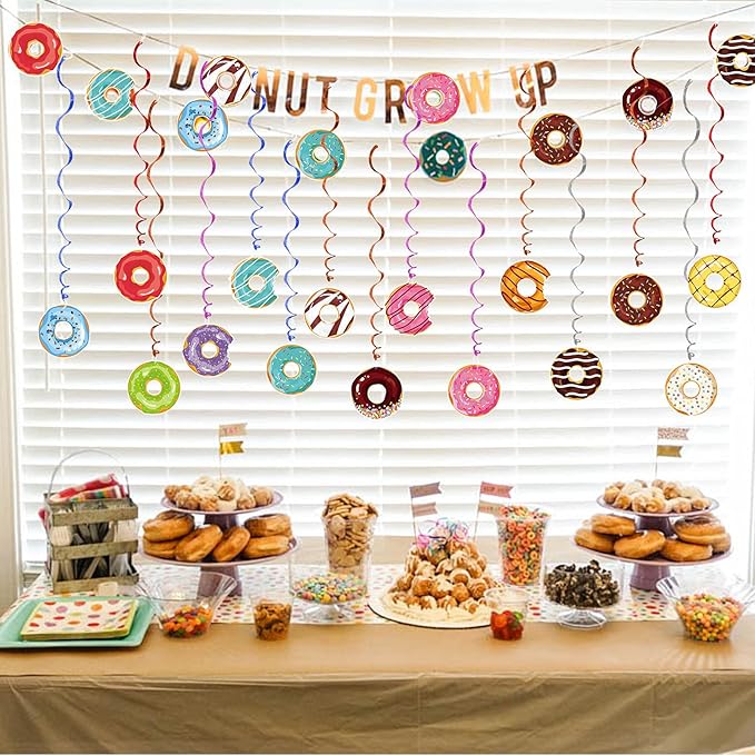 Sweet Donut Hanging Swirl Party Decorations 30 Pack Foil Ceiling Hanging Streams Party Supplies Banner Decor for Kids Donut Candy Birthday Celebrating Party Events Baby Shower Room Wall Decor