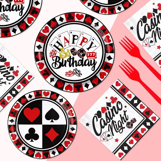 Grencian 96Pcs Casino Party Decorations Poker Plates and Napkins Disposable Red Black Casino Birthday Paper Tableware Set for Las Vegas Night Poker Club Birthday Party Supplies, Serves 24