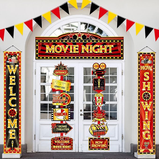 ShinyRelief 14 Pcs Movie Night Decorations Set Welcome Now Showing Door Banners Movie Theme Directional Signs for Home Film Red Carpet Event Awards Night Background Ceremony Party Supplies