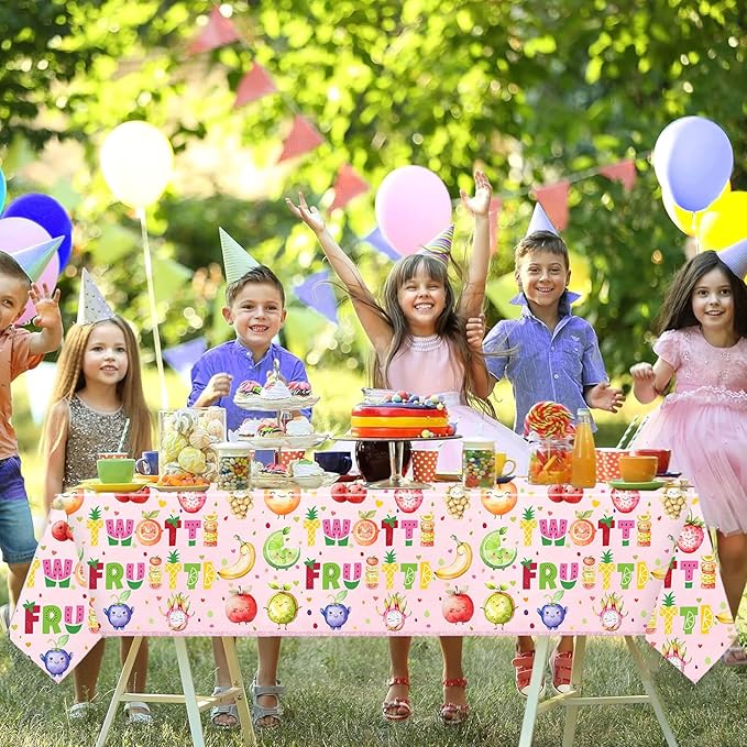 2 Pcs Twotti Frutti Tablecloth Summer Fruit Two Years Old Table Covers for Luau Fruit Lemon Watermelon Pineapple Strawberry Theme Girls 2nd Birthday Party Decorations Supplies