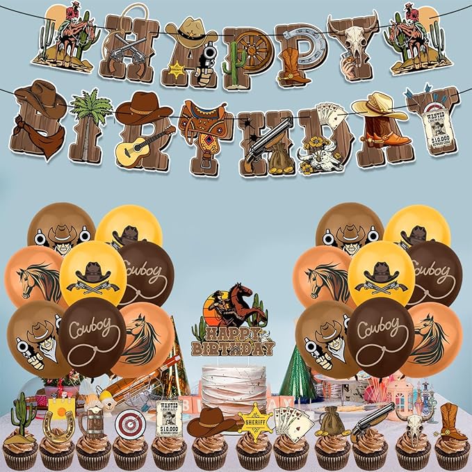 Western Cowboy Party Decorations, Cowboy Party Banner Balloon Cake Toppers for Boys and Girls Favorite Cowboy Theme Party Supplies