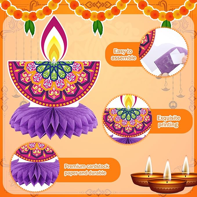 12 Pcs Diwali Party Decorations Honeycomb Centerpieces Happy Diwali Table Decoration Elephants Marigold Candlestick Indian Hindu Lights Table Topper for Indian Party Favors Supplies