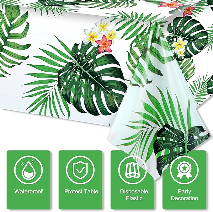 Tatuo 3 Pieces Hawaiian Luau Party Tablecloth Palm Leaves Table Cloth 54 x 108 Inches Plastic Disposable Table Decorations for Summer Pool Beach Cocktail Aloha Safari Jungle Party Supplies