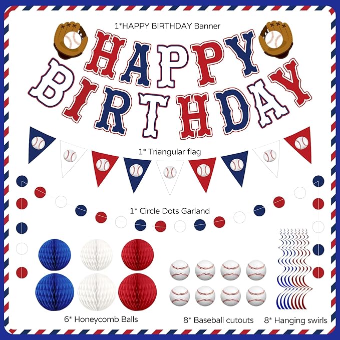 Baseball Birthday Decorations, Baseball Party Decorations Include Banner, Honeycomb Balls, Hanging Swirl Streamers, Circle Dots Garland for Baseball Sports Birthdays Party Supplies for Boys