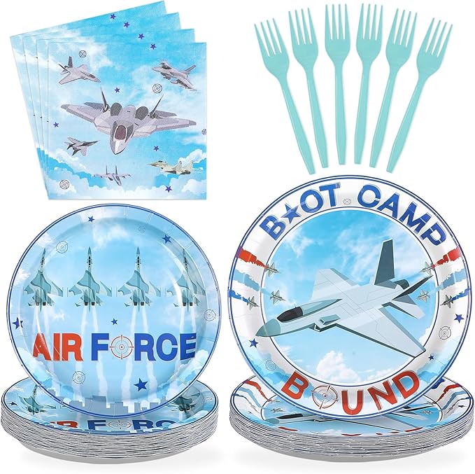 96Pcs Air Force Party Decorations Airplane Aviation Plates and Napkins Army Boot Camp Themed Disposable Paper Tableware Set for AirForce Pilot Birthday Patriotic Party Supplies Serves 24