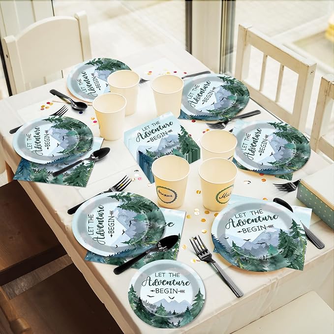 Adventure Awaits Baby Shower Tableware Let The Adventure Begin Plates Pine Tree Mountain Wilderness Dinnerware Disposable Paper Dinnerware For Baby Shower Birthday Party Decor Supplies 24 Guests