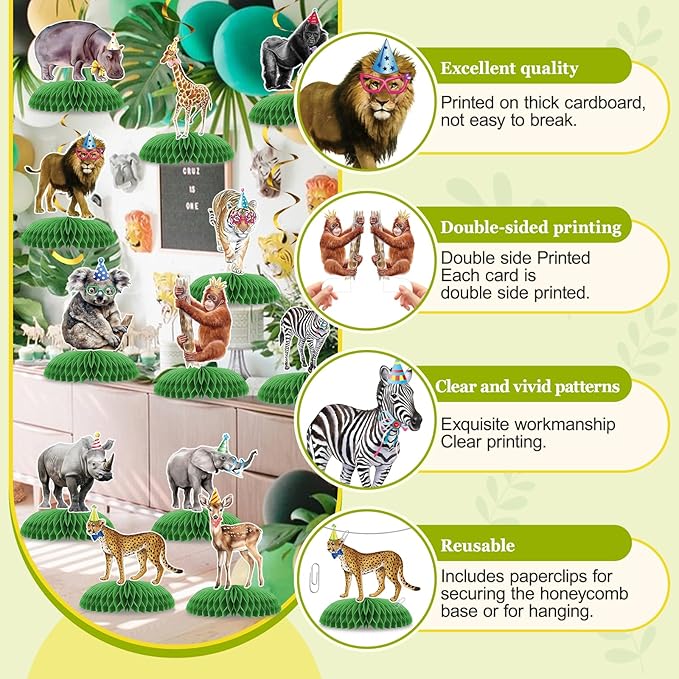12 Pcs Safari Animals Party Decorations, Jungle Theme Birthday Decorations, Honeycomb Centerpieces for Tables Decor Table Party Supplies Perfect for Women Men Baby Shower Boys Girls