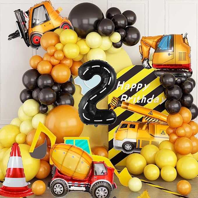 13pcs Construction Theme Birthday Party Decorations, Number 2 Large Construction Truck Traffic Cones Foil Balloon, 2nd Boy Birthday Party Decoration Supplies (2nd)