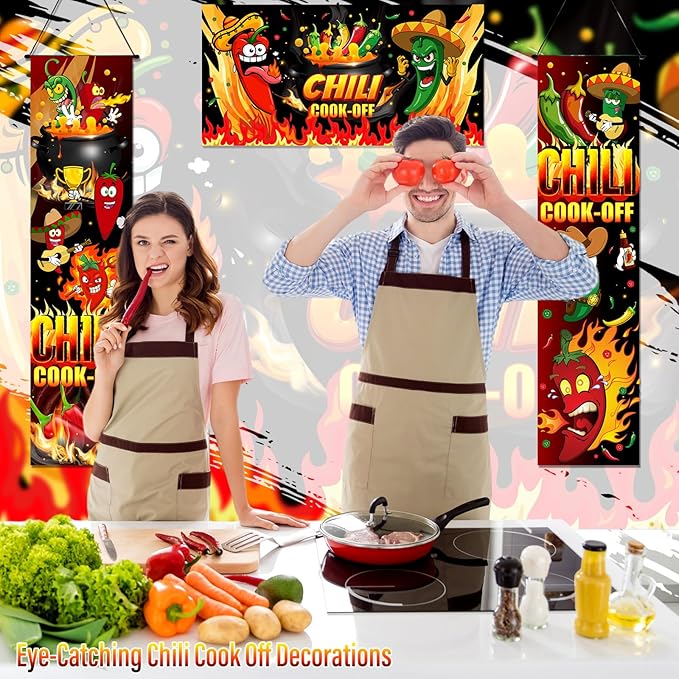 Moukeren 3 Pcs Chili Cook off Decorations 47.24 x 11.81 Inch Chili Cook off Hanging Porch Sign Hot Pepper Contest Banner 39.37x19.69 Inch Mexican Fiesta Cooking Party Supplies