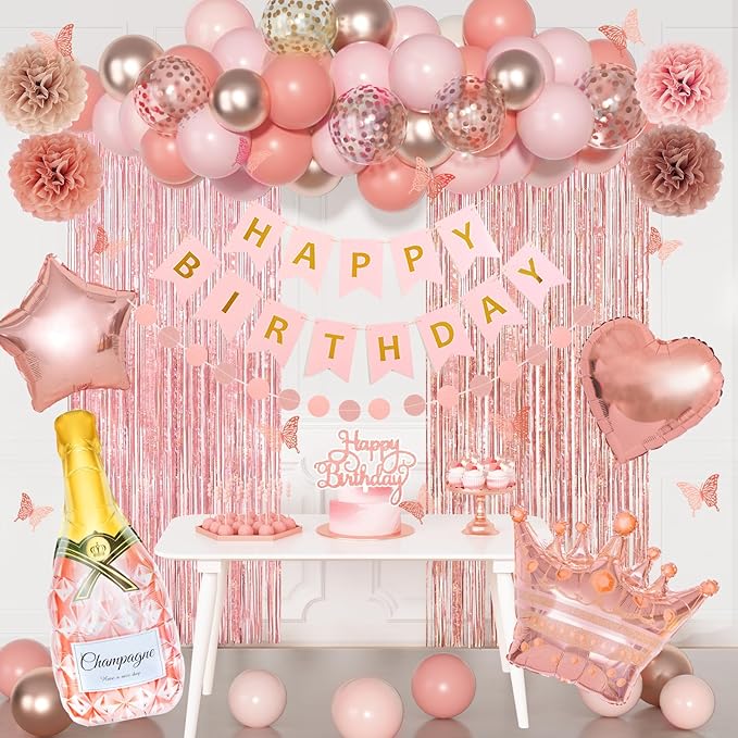 Ouddy Life Rose Gold Birthday Party Decorations for Women Girls, Happy Birthday Banner, Pink Foil Confetti Balloons, Fringe Curtain, Cake Topper, Pompoms, Princess Wedding Baby Shower Party Supplies
