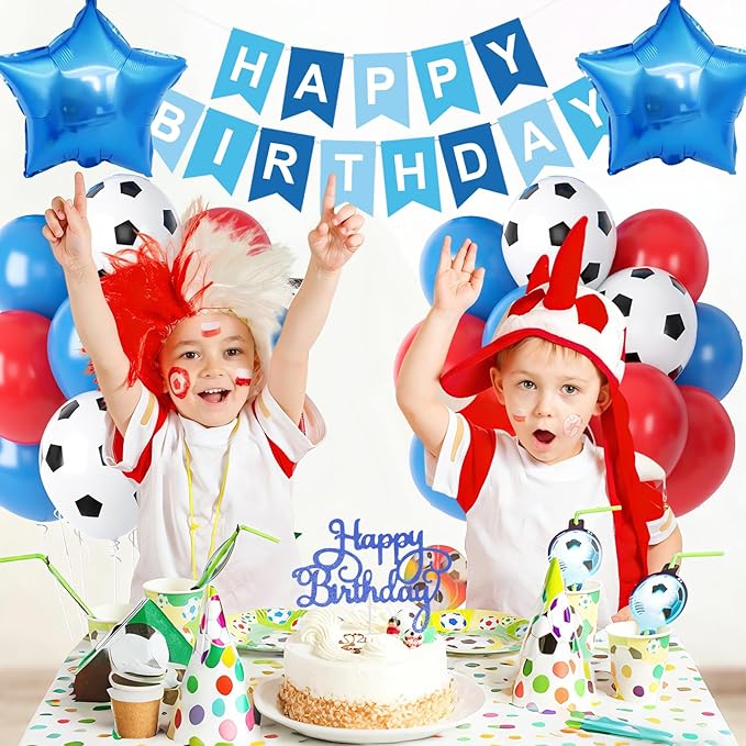 Soccer Birthday Party Decorations, Soccer Party Decorations Supplies with Blue Red Balloons Happy Birthday Banner Cake Toppers 18in Foil Balloon for Boys Girls Sport Theme Party Decor