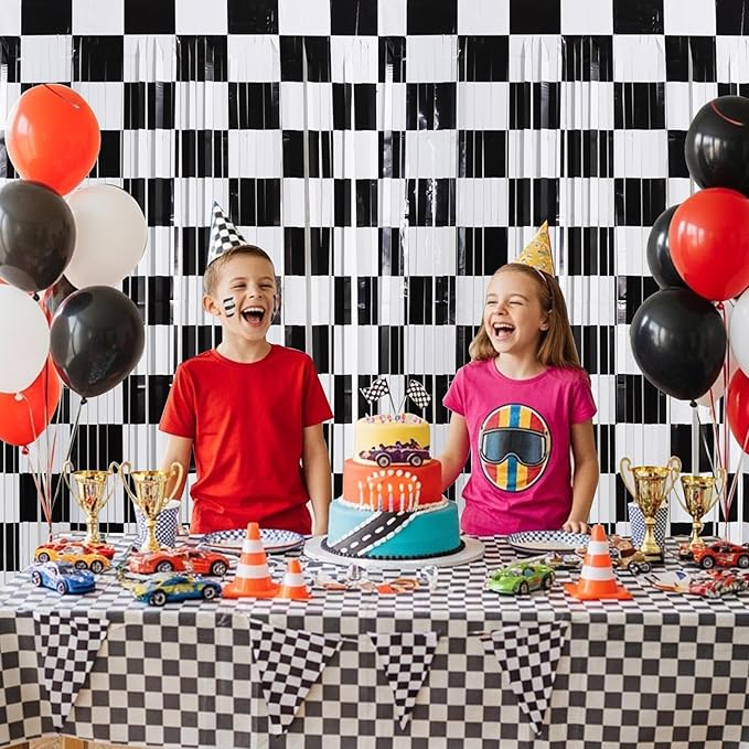 TONIFUL 2Pcs Checkered Door Streamers, Photo Booth Backdrop,Metallic Streamers Checkered Foil Fringe Curtains for Birthday,New Year,St. Patrick's Day Independence Day Labor Day Party Decor