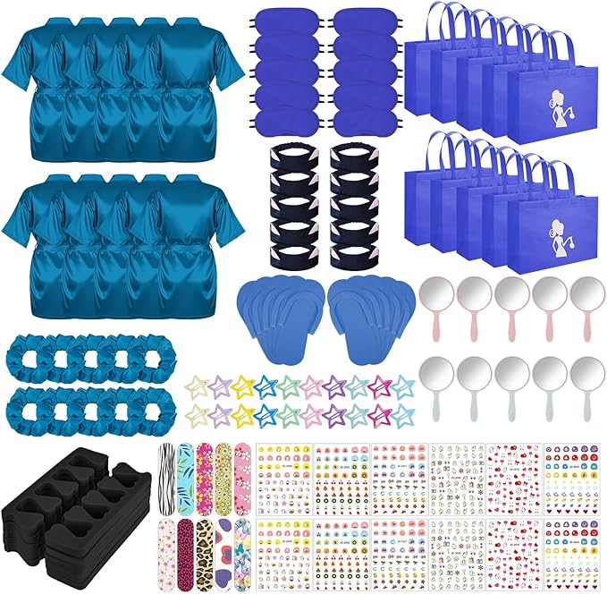 122 Pcs Royal Blue Girls Spa Party Kit, 10-Pack Slumber Party Favors with Satin Robes, Tote Bags, and Nail Salon Accessories for Kids Spa Birthday, Halloween, Home Party Supplies