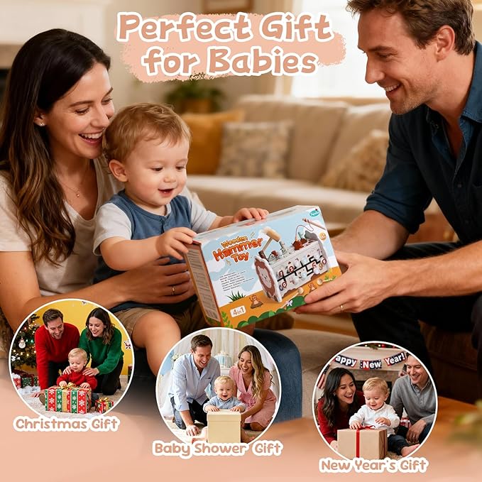 Fajiabao Wooden Montessori Toys for 1 Year Old Boy 4 in 1 Toddler Learning Toys with Number Maze, Pounding Bench, Xylophone, Fishing Game Baby Sensory Toys Birthday Gifts for 1+ Year Old Boys & Girls
