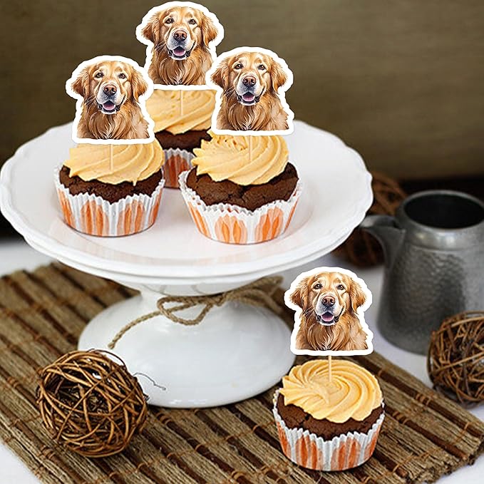 Ercadio 24 Pcs Pet Dog Puppy Cupcake Toppers Dog Themed Birthday Party Supplies Cute Golden Retriever Puppy Birthday Party Baby Shower Party Cake Decorations