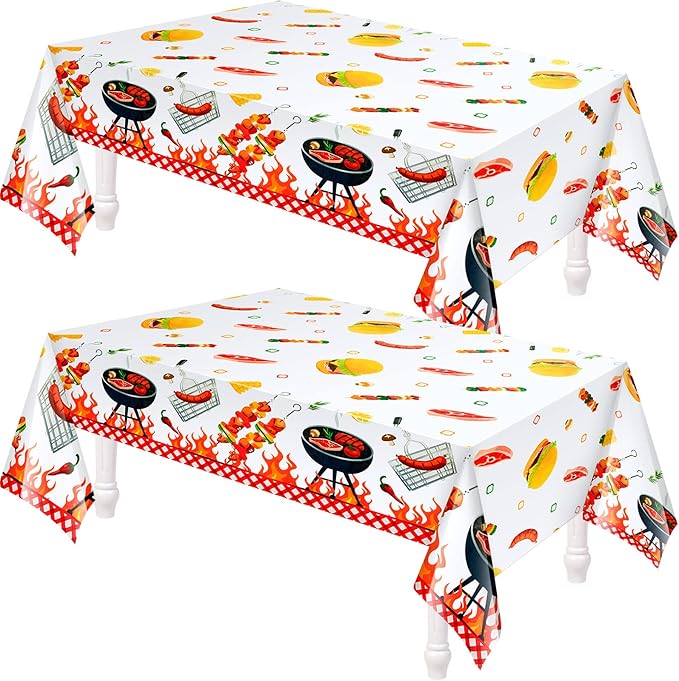 Amylove 2 Pack BBQ Party Decorations Hot Dog Picnic Tablecloths 86 x 51 Inches Stain Resistant Tablecloth for Baby Q Baby Shower, Birthday, Carnival, Bachelorette Party Supplies