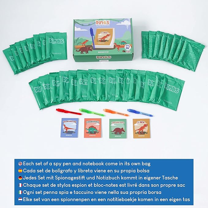 BONNYCO Invisible Ink Pen and Notebook Pack 32, Dinosaur Party Favors for Kids. Magic Spy Pen Goodie Bags Stuffers for Kids, Dinosaur Birthday Party Supplies. Goody Bag Stuffers, Return Gifts Prizes