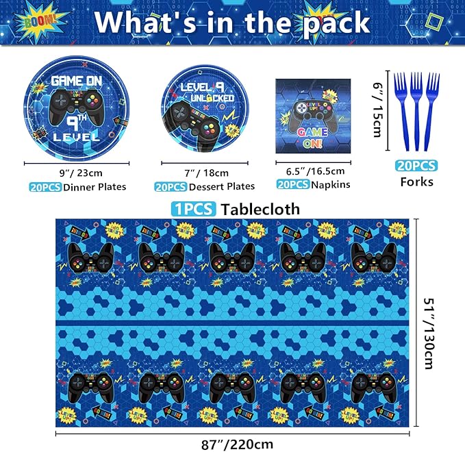 81 Pcs Video Game Party Supplies - 9th Birthday Video Game Party Decor Dinner Plates Napkins Video Game Tablecloth Forks Gaming Party Pack for Kid Boy 9th Birthday Party, Serves 20 (9th)