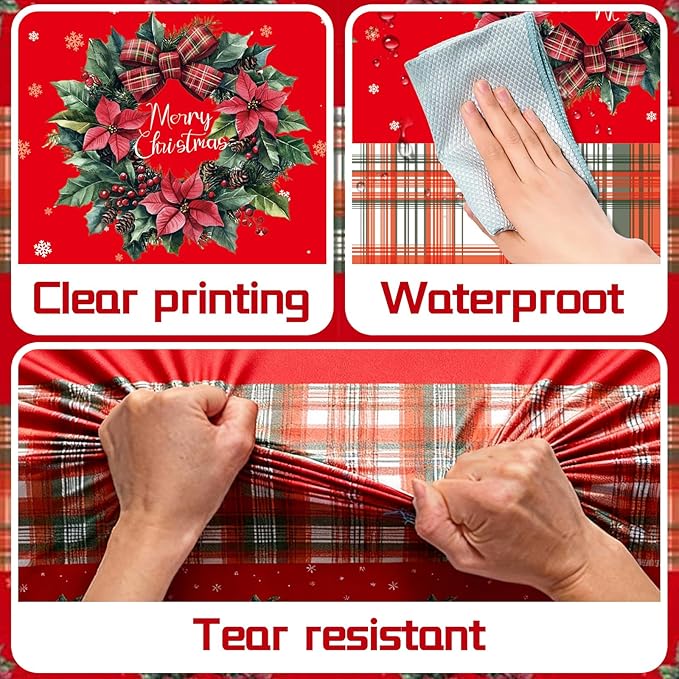Plastic Christmas Tablecloth 54x108 Inch 3-Piece Set,Disposable Festive Red Poinsettia Pattern Holiday Dining Table Cloth for Christmas Party & Baby Shower Decorations