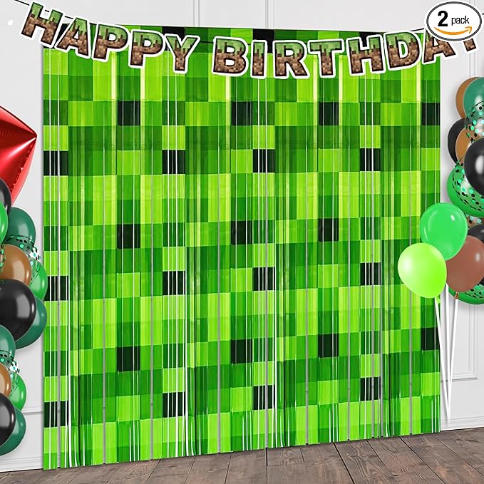 2 Pack Green Foil Fringe Curtains Pixel Birthday Backdrop, 3.2x6.6ft Video Game Door Streamers for Boys Gaming Birthday Party Decorations Supplies Favors