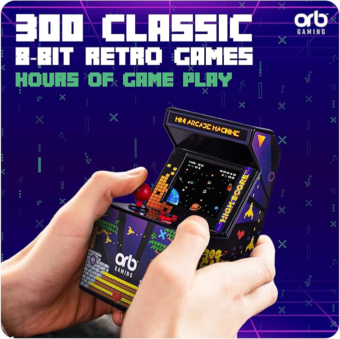 Orb - Mini Arcade Machine, 300 in-Built Games, 8-Bit Retro Arcade Games, 2.5” Full Colour Screen, 8-Way Joystick, 2 Buttons, Volume Control